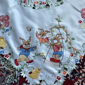Vintage Easter 50s Table Cloth 33x33” Embroidered Bunny Chicks Cottagecore